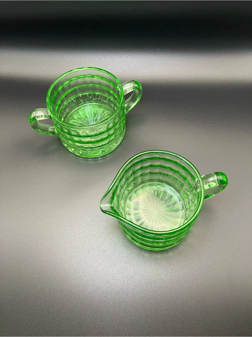 Vintage Green Depression Glass Creamer and Sugar Set